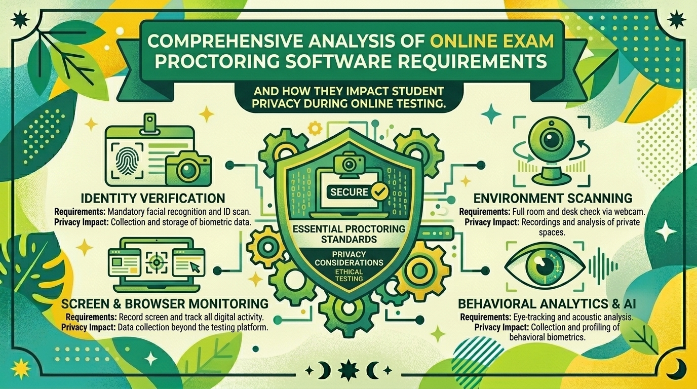 Comprehensive analysis of online exam proctoring software requirements and how they impact student privacy during online testing.