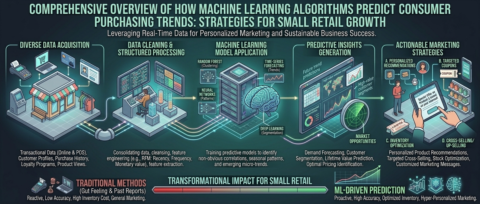 Comprehensive overview of how machine learning algorithms predict consumer purchasing trends for small retail marketing strategies.