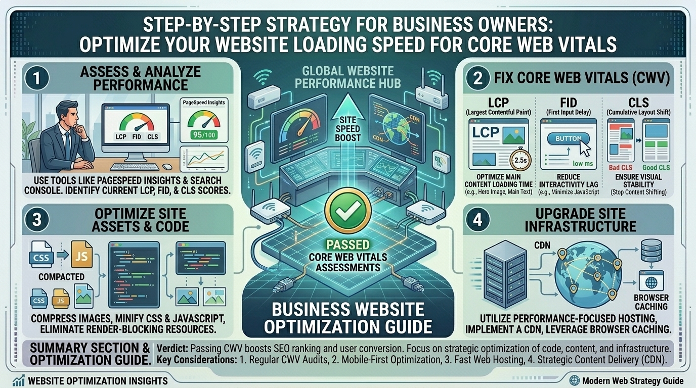 How business owners can optimize their company website loading speed to pass core web vitals assessments.