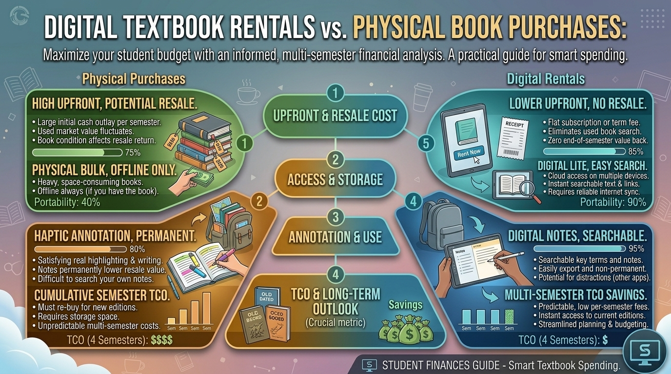 How does digital textbook rental software compare to purchasing physical books regarding long-term semester expenses?
