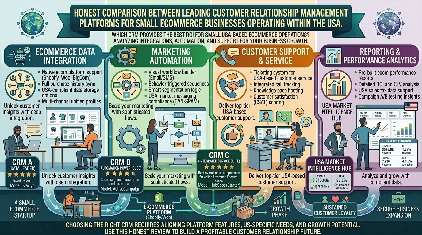Honest comparison between leading customer relationship management platforms for small ecommerce businesses operating within the USA.